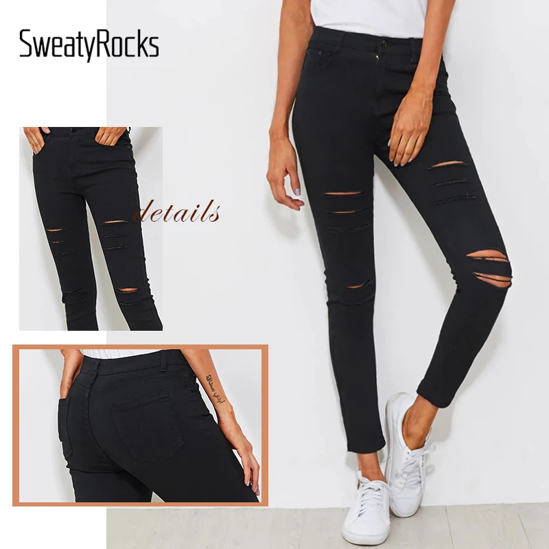 SweatyRocks потертые обтягивающие черные джинсы, уличная одежда, Однотонные эластичные джинсовые штаны на пуговицах, весенние женские длинные рваные джинсы