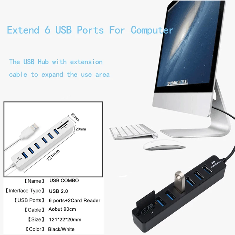 USB концентратор kebidu комбо 6 портов мульти USB2.0 разветвитель с 2 портами микро кард