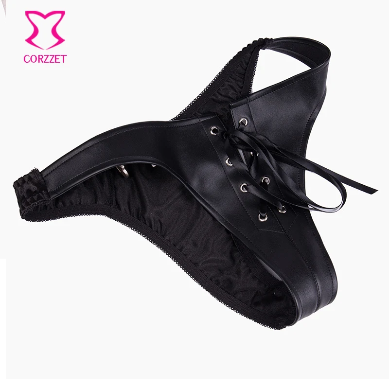 Черный кожаный бюстгальтер с лямкой на шее шнуровке и трусики большие размеры