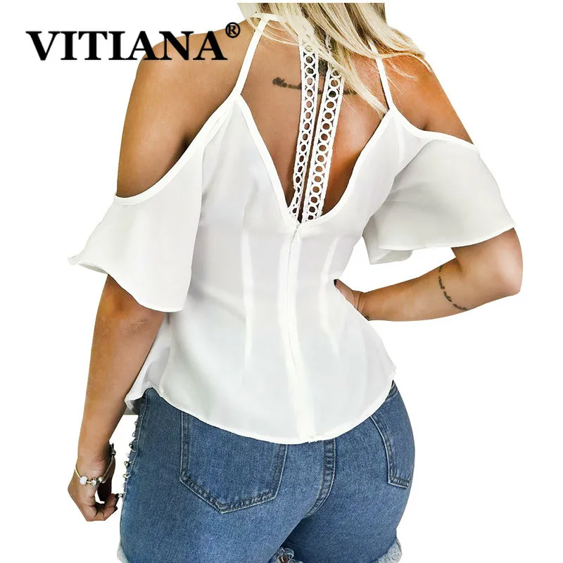 VITIANA, женские пляжные Сексуальные Топики, топы, лето, Женские однотонные, черные, белые, с вырезами, с коротким рукавом, с открытой спиной, вечерние рубашки на бретелях