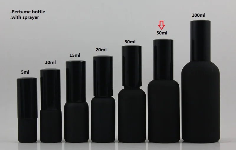 wholesale 50pcs 50ml black frosted travel refillable perfume bottle with black atomiser spray/mist, 50ml glass perfume packing