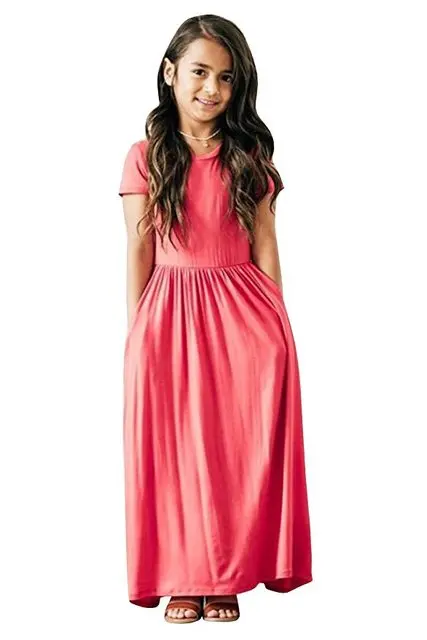 Летнее Длинное Платье для девочек весеннее однотонное праздничное платье