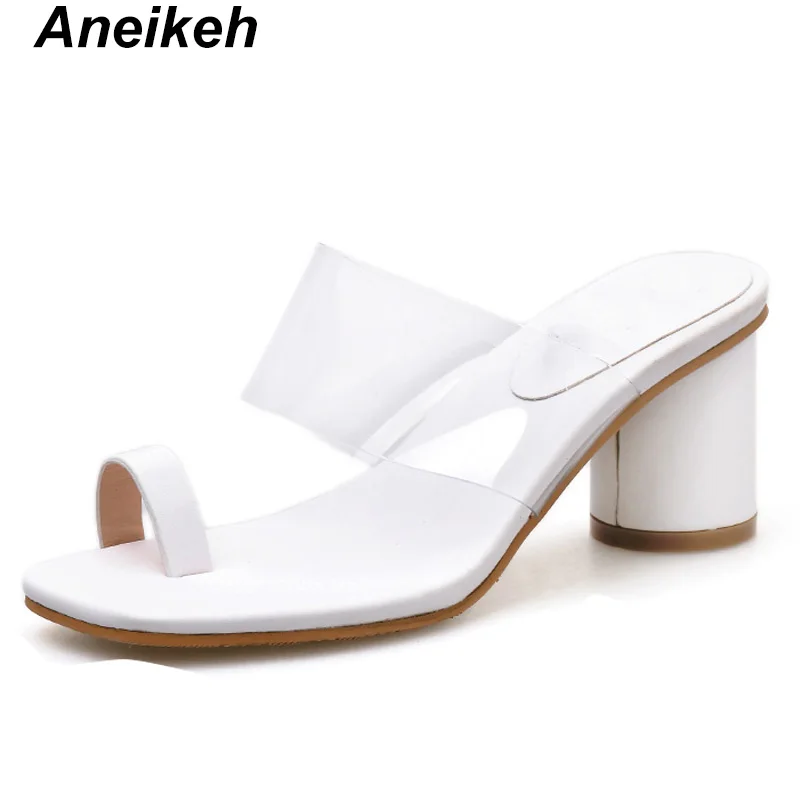 Aneikeh/ г.; летние модные прозрачные женские шлепанцы из искусственной кожи; однотонные вьетнамки на высоком квадратном каблуке; Повседневная Уличная обувь; цвет черный, белый; Размеры 35-39