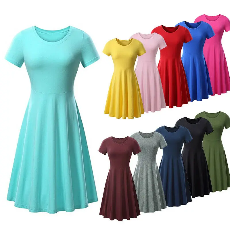 Women Summer Short Sleeve High Waist Casual Party Pleated Skater Dress