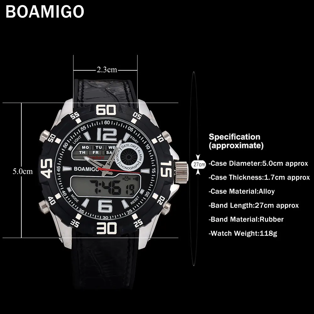 Мужские спортивные часы BOAMIGO брендовый резиновый ремешок для часов черные