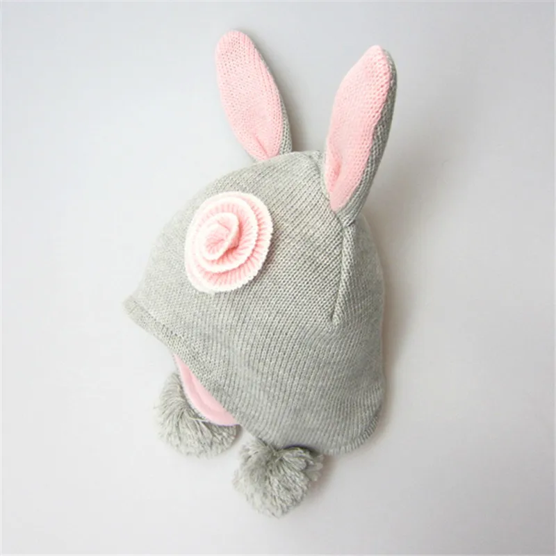 CmsDxz Girls Cap Winter Grey Rabbits With Pink Ears Child Hat Baby Hats Kids Girl Hair Accessoires Pompom | Детская одежда и обувь