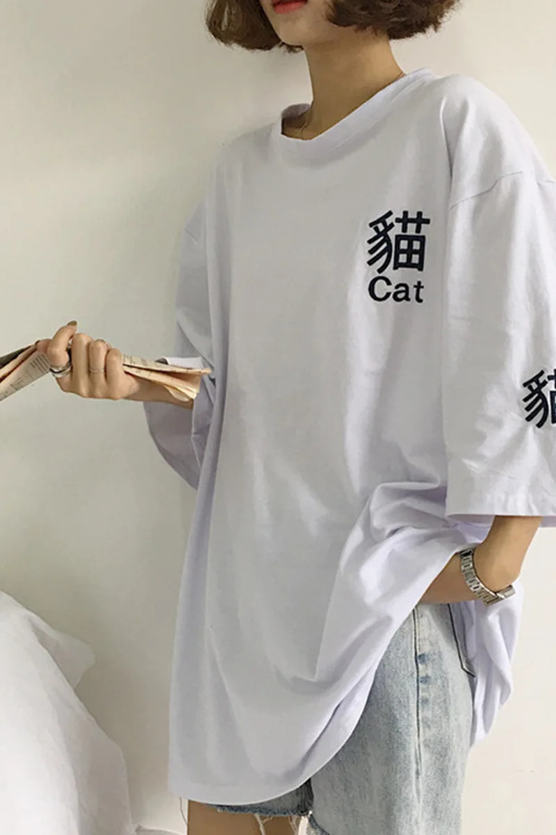 Summer Korean Ulzzang Female Kawaii Long T-shirt Japanese Harajuku Fashion Casual Cat Tees Tops Women Chic Vintage Red T Shirts | Женская