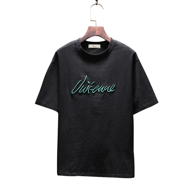 

Korean Japan Fashion T Shirt Men Letter Embroidered 111% Cotton Tee Shirt Slim Short Sleeve Tshirt O-Neck Tops Brand T-shirt Men