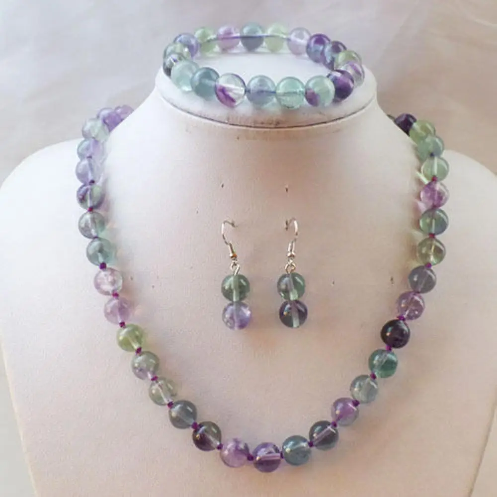 

Natural 8mm Multicolor Fluorite Beads Gemstone Necklace Bracelets Earrings Set