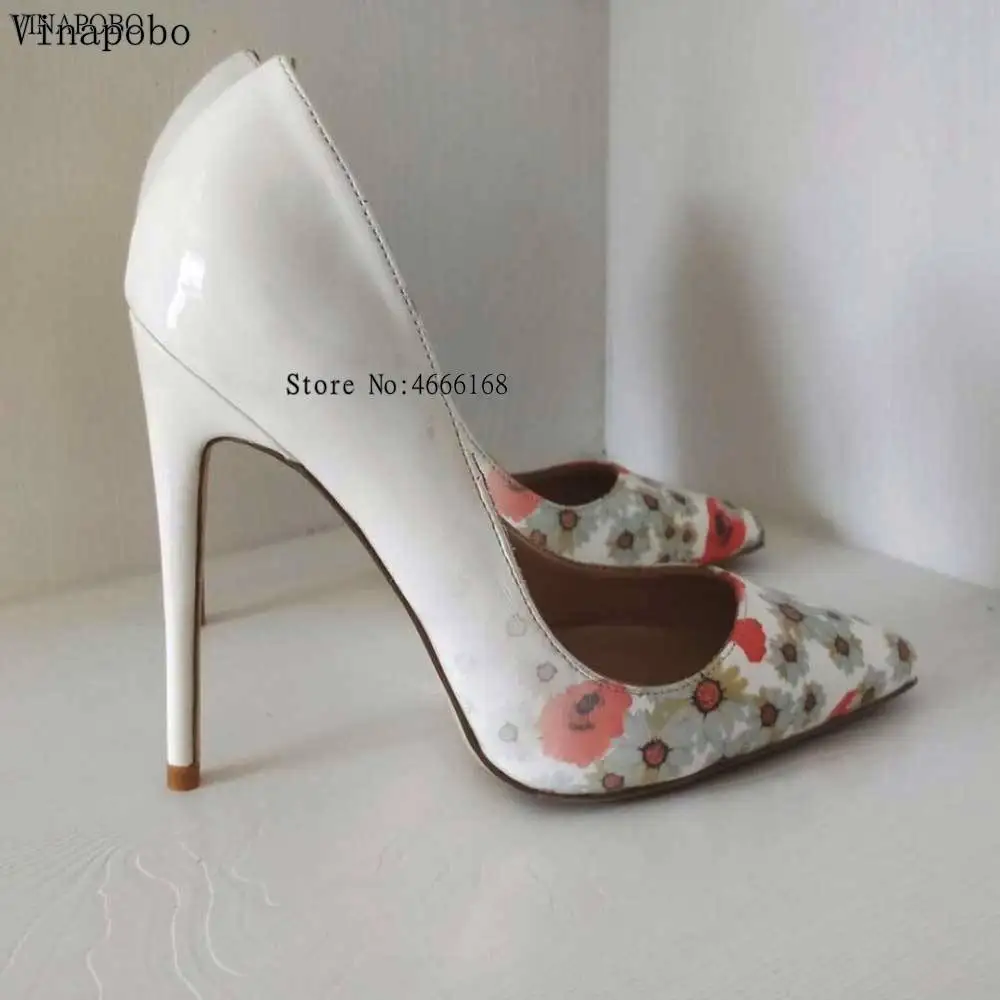 10cm heel Vinapobo/женские пикантные туфли-лодочки на высоком каблуке; женские офисные свадебные туфли с цветочным принтом без застежки с острым носком; модные женские туфли - Цвет: 10cm heel