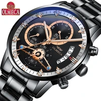 olmeca dress men watch luminous chronograph auto date waterproof quartz watches black wristwatches steel watch for men