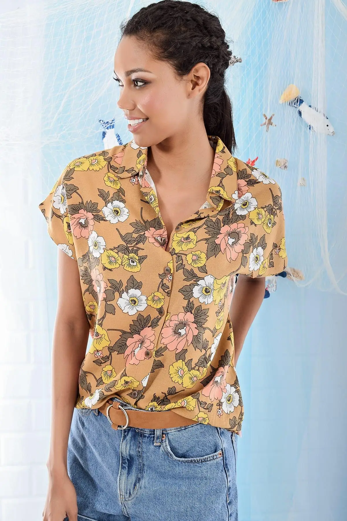Trend: alacati Style Women Camel Short Sleeve Print Shirt ALC-6722 |