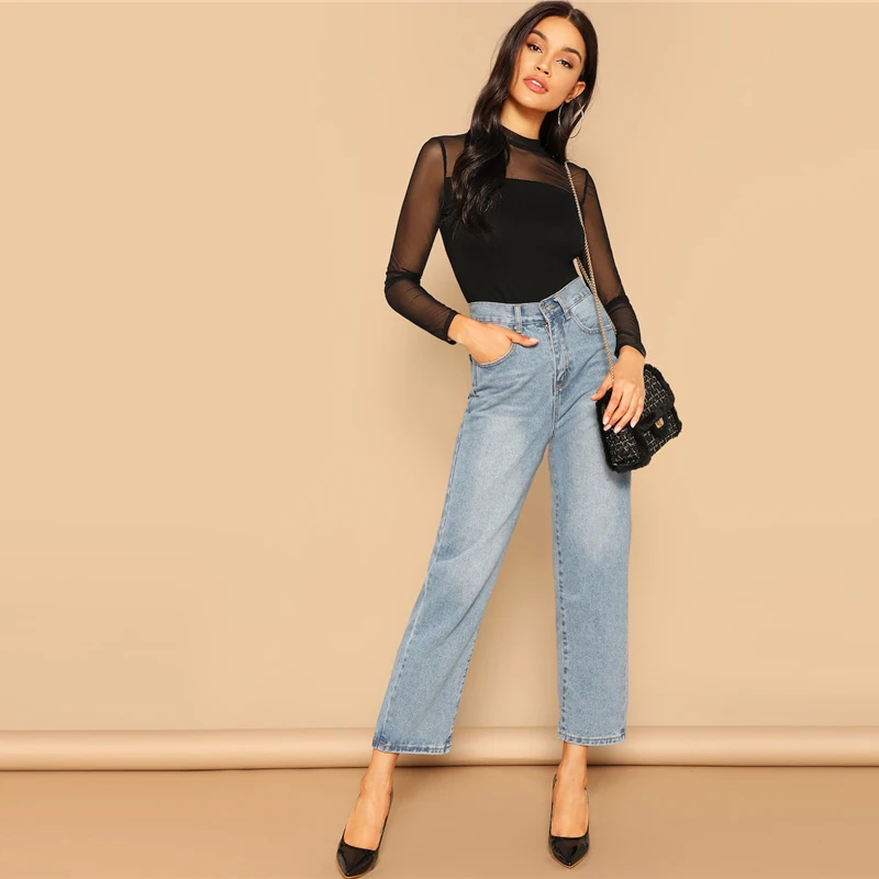 SHEIN Прозрачный Сетчатый Топ Со Стоячим Воротником Женский Весенний Черный Сексуальный Топ С Длинными Рукавами