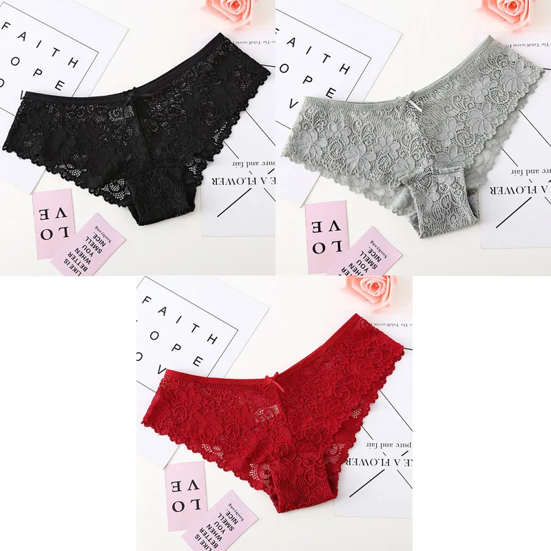 black grey red 3 штуки трусики для нижнего белья женские сексуальные кружевные дышащие полые женские трусики прозрачное Сексуальное белье для женщин - Цвет: black grey red