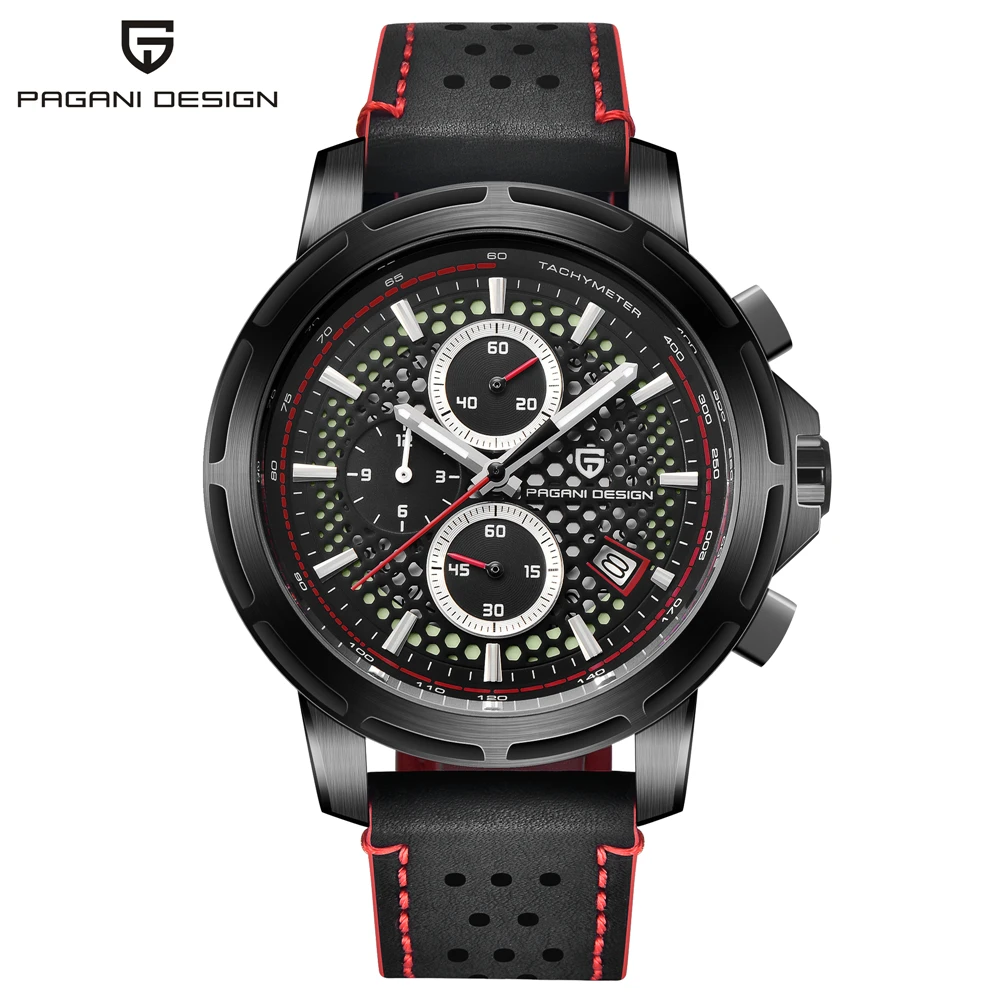 black red B PAGANI Дизайн новые модные кварцевые часы мужские из натуральной кожи Saat водонепроницаемые светящиеся часы с хронографом поддержка дропшиппинг - Цвет: black red B