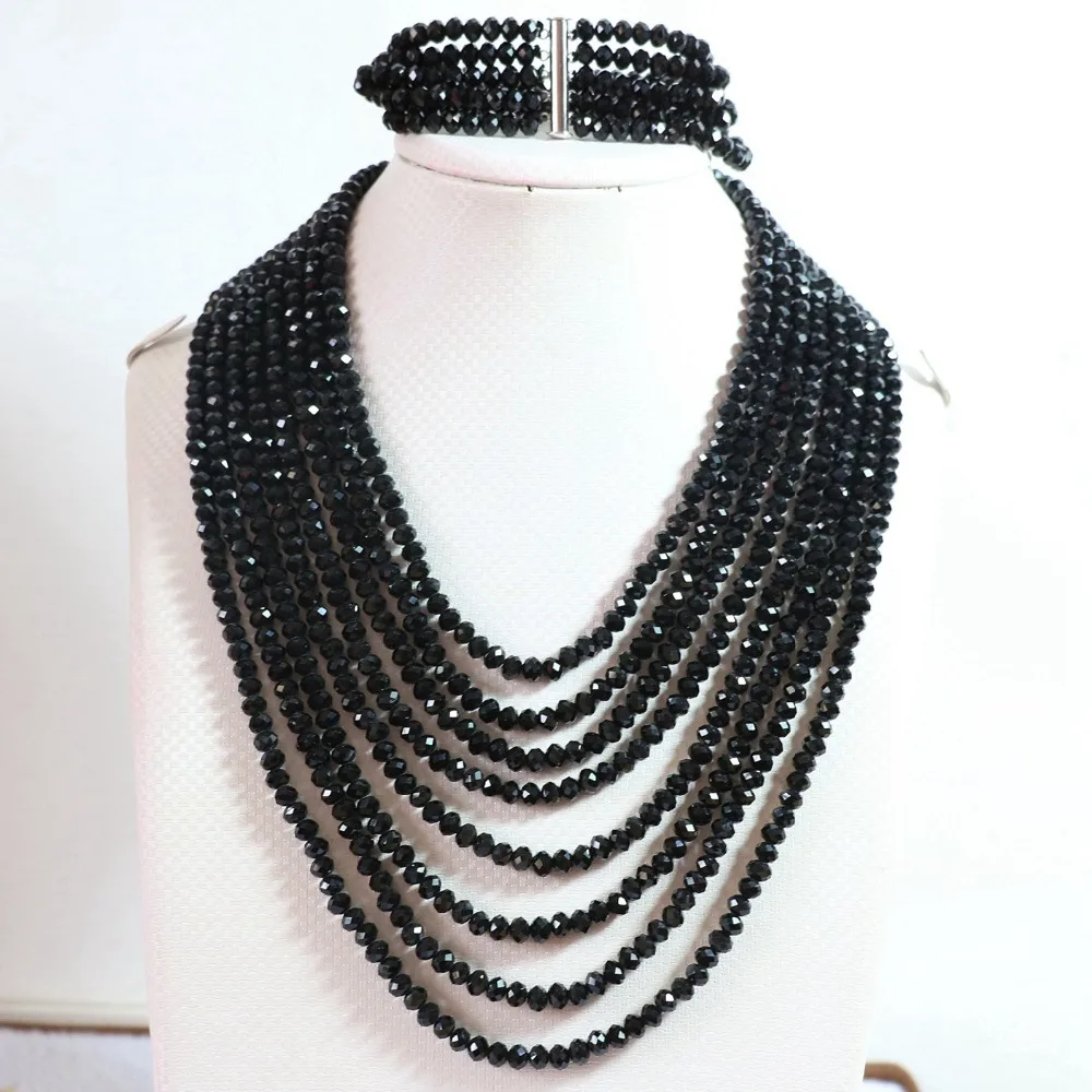 Original design black crystal glass 4*6mm abacus beads 8 rows chain necklace 5 bracelet women jewelry set 17-26inch B849 | Украшения и