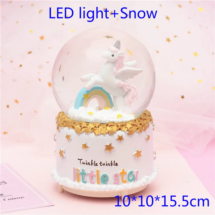 Rainbow and snow Новая музыкальная шкатулка в виде единорога, мяча, розового цвета, звезды, Луны, радуги, единорога, светящиеся снежинки, музыкальная шкатулка, украшение дома, настольные фигурки - Цвет: Rainbow and snow