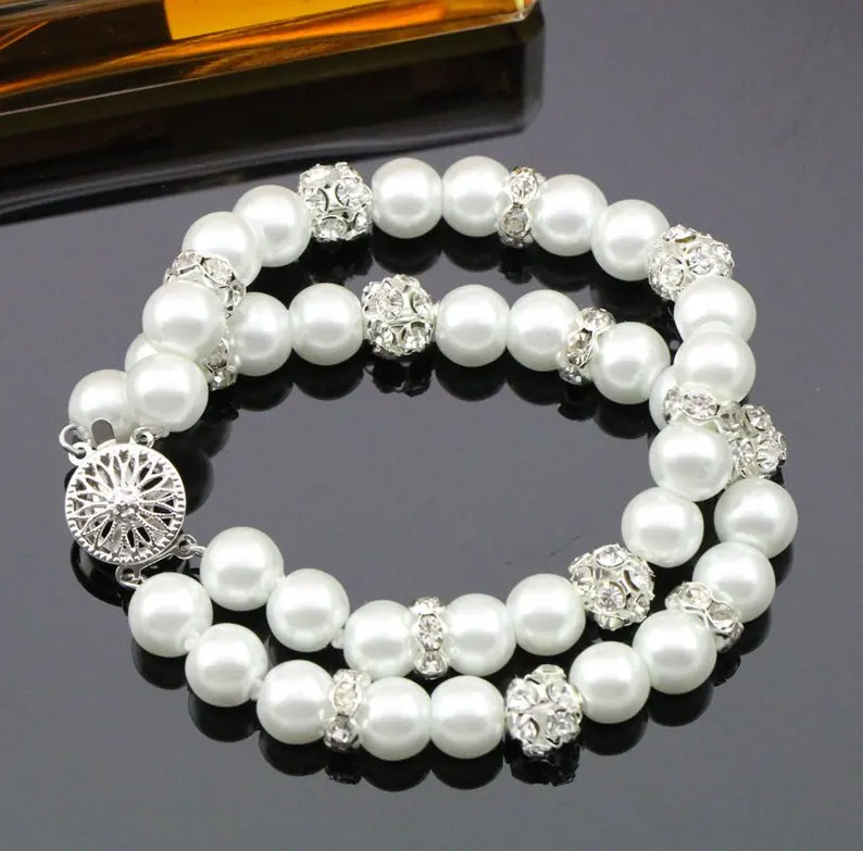Идеальные свадебные браслеты 2 ряда 8 мм стеклянный браслет стразы с жемчугом для