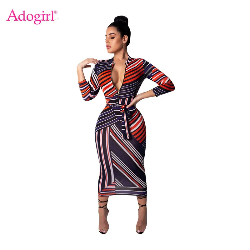 

Adogirl Irregular Stripe Print Women Casual Dress Zipper V Neck Long Sleeve Bodycon Midi Night Club Party Dress with Belt