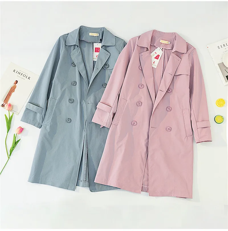 Plus size 5XL Cotton Trench Coat Women Spring Autumn Solid color Double-breasted Long Windbreaker Casual Tops Female Trench