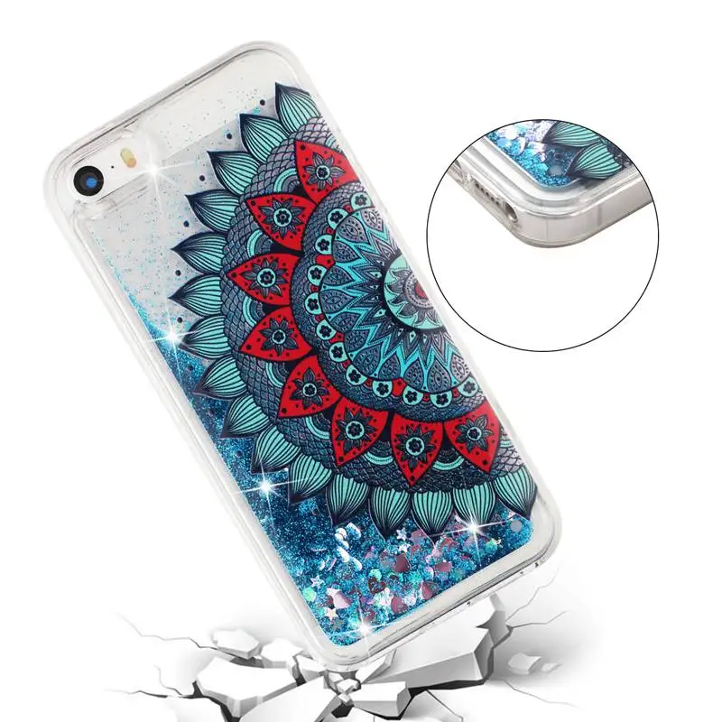 Case For iPhone 5 5s SE Protective Shell Glitter Shine Quicksand Flowing Liquid Flower Pattern Shockproof Back Cover Soft TPU |