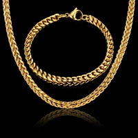 new style 4mm width chain necklace bracelet set for men gift wholesale african dubai gold color stainless steel jewelry sets