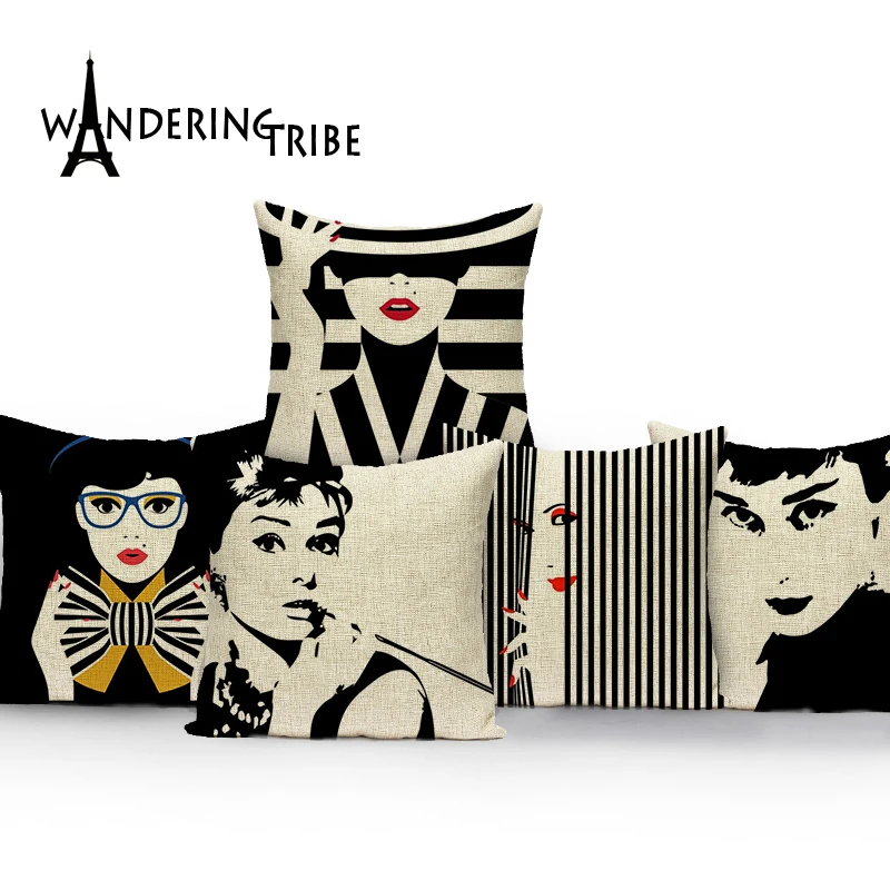 

Hot Sale audrey hepburn pillowcase black white pillow covers cushions home sofa custom linen decorative cover cushion