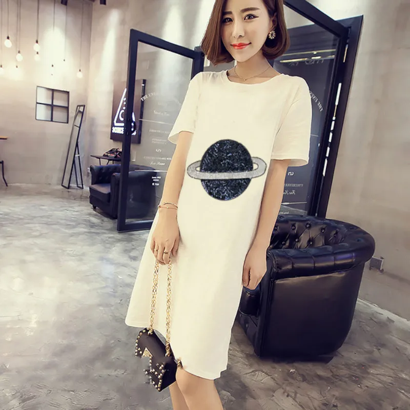 Summer Planet Sequined Embroidered T-shirts Large Size Women's Long Beading Shirts Dress Casual Tees O-Neck Loose Tops | Женская