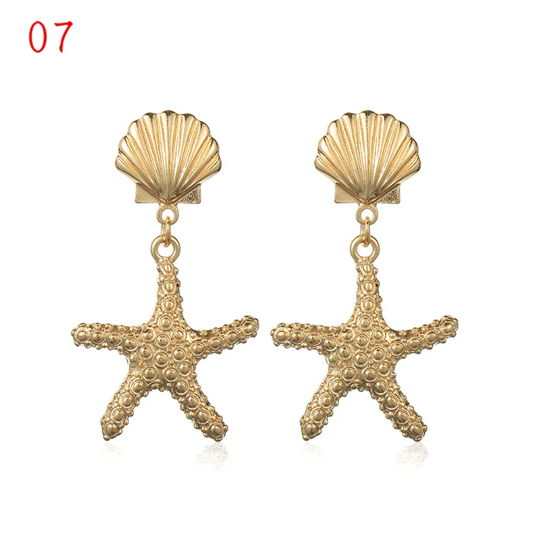 1Pair Summer Retro Fashion Shell Earrings Women Gold Color Geometric Irregular Starfish Conch Statement Jewelry Accessories