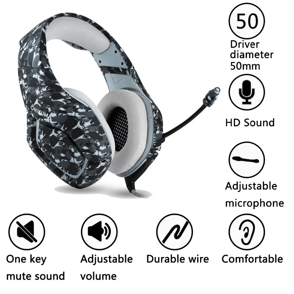 ONIKUMA K1 камуфляжная PS4 гарнитура Casque Bass Игровые наушники с микрофоном + 7 кнопок 5000