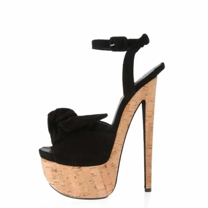 

Sexy Black Knot Bowtie Wooden Platform High Heels Women Sandals Cut-out Peep Toe Ankle Strap Gladiator Ladies Shoes and Sandals