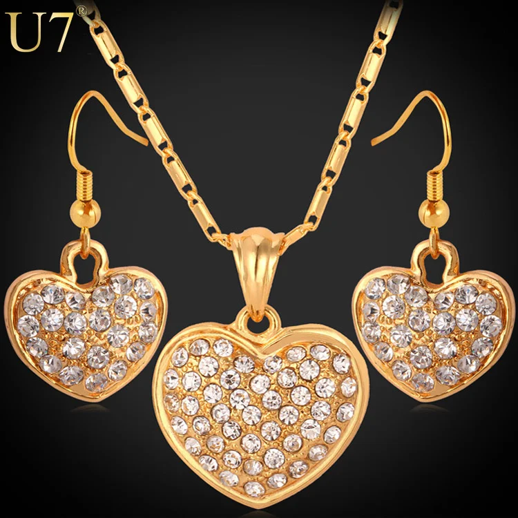 

U7 Heart Necklace Set Yellow Gold Color Rhinestone Romantic Necklace Earrings Women Jewelry Set Wholesale S551