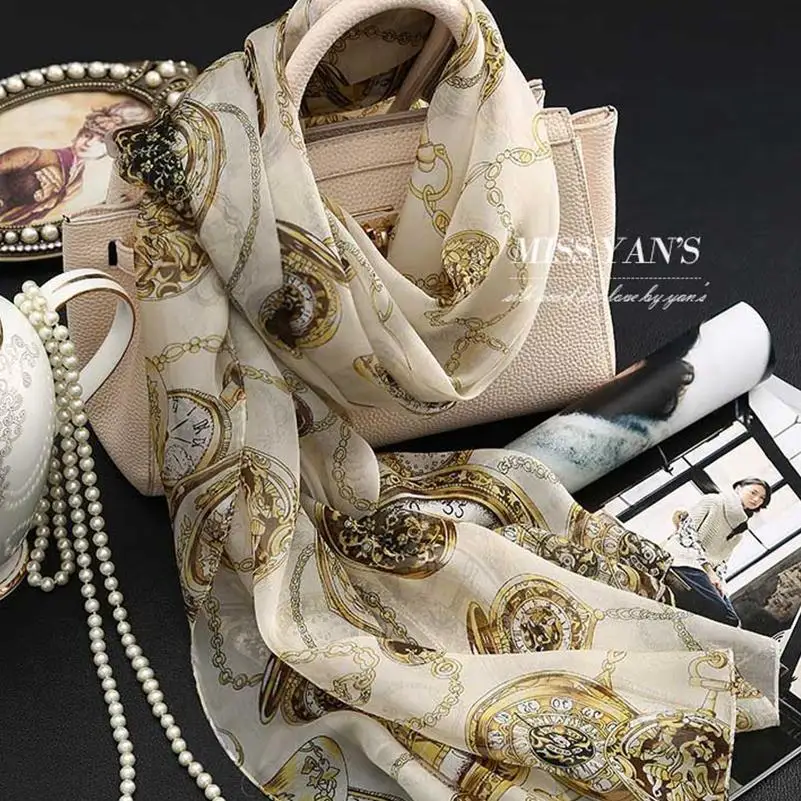 Женский шарф из натурального шелка Модный классический с принтом цепей сезон