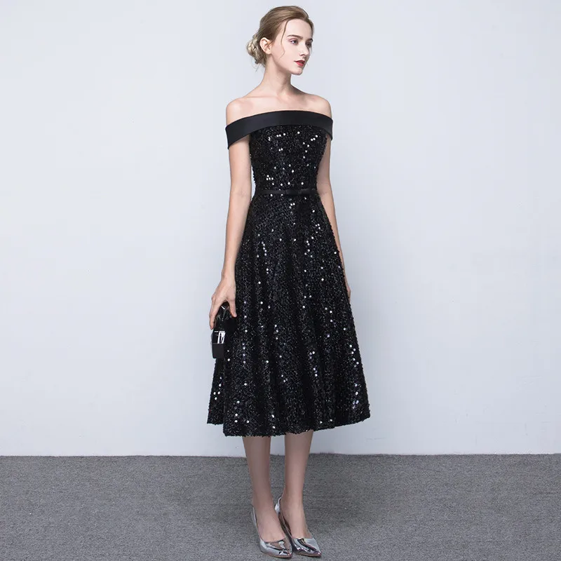 Недорогие черные вечерние платья с вырезом лодочкой Золотое платье блестками