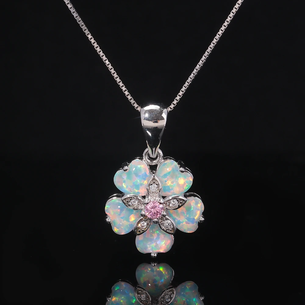 Ожерелье CiNdy White Fire Opal с розовым камнем цветком серебряным покрытием подвеской из