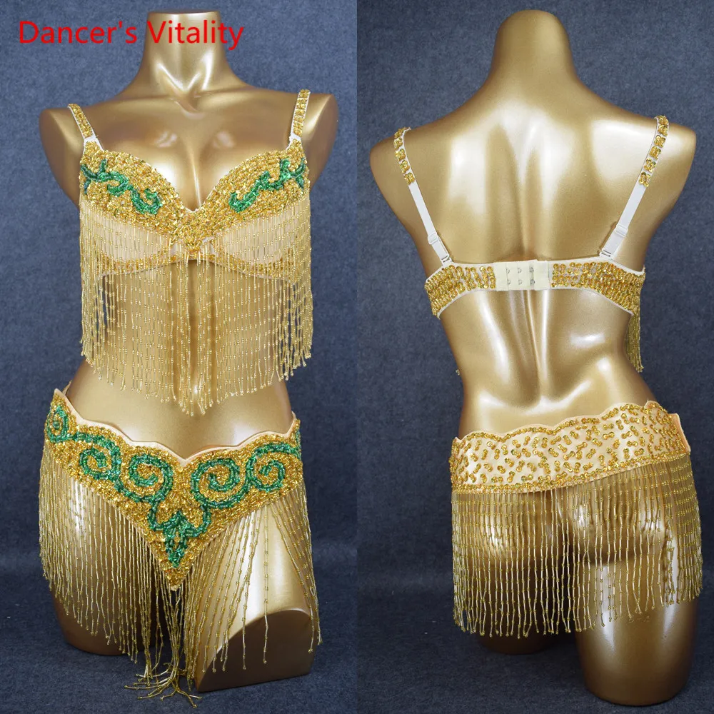 

Professional Women's Sequins beaded Belly Dance Costume Wear Bra+Belt 2pcs Set Sexy Ladies Bellydancing Performance Clothing