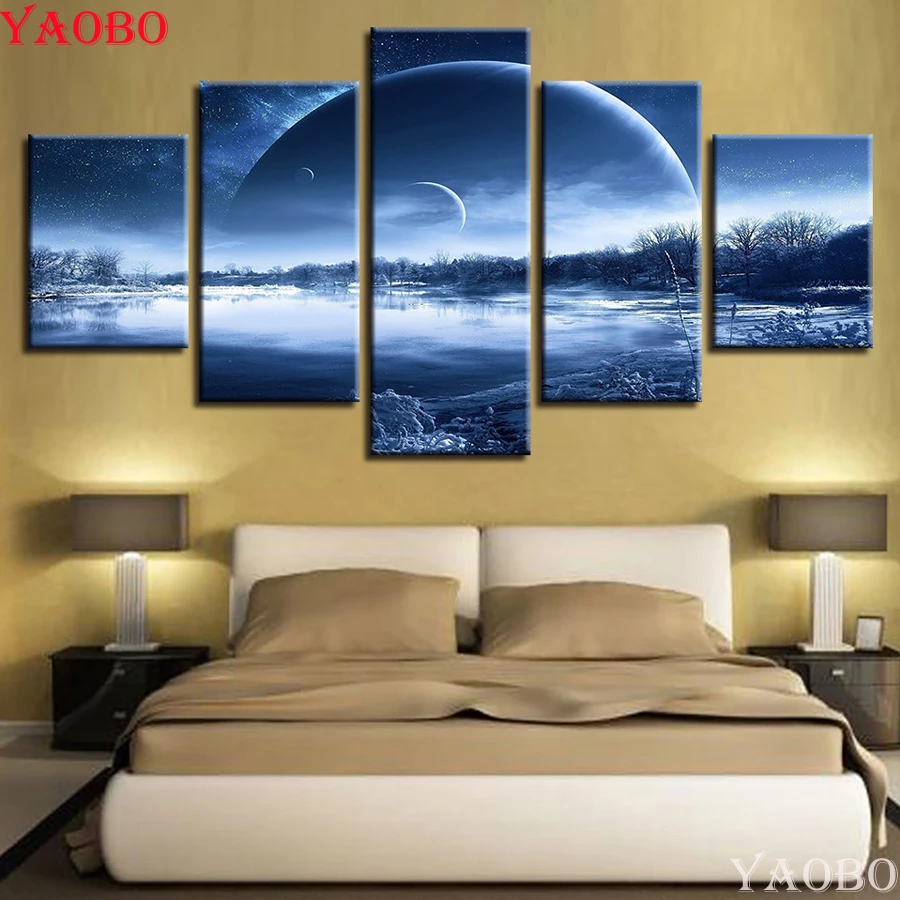 

5D Rhinestone Painting Diamonds Embroidery 5 Pieces Moon Night Forest Lake Painting Planet Landscape Diamond Painting Mosaic