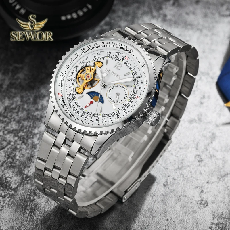 SEWOR мужские новые модные многофункциональные полностью стальные военные часы