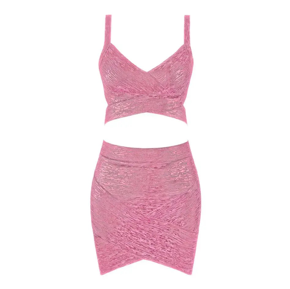 Розовый Vestido, 5 цветов, сексуальное бронзовое платье с v-образным вырезом, 2 шт., розовое, серебряное, Золотое Платье-бандаж, женское очаровательное облегающее Бандажное платье - Цвет: Розовый