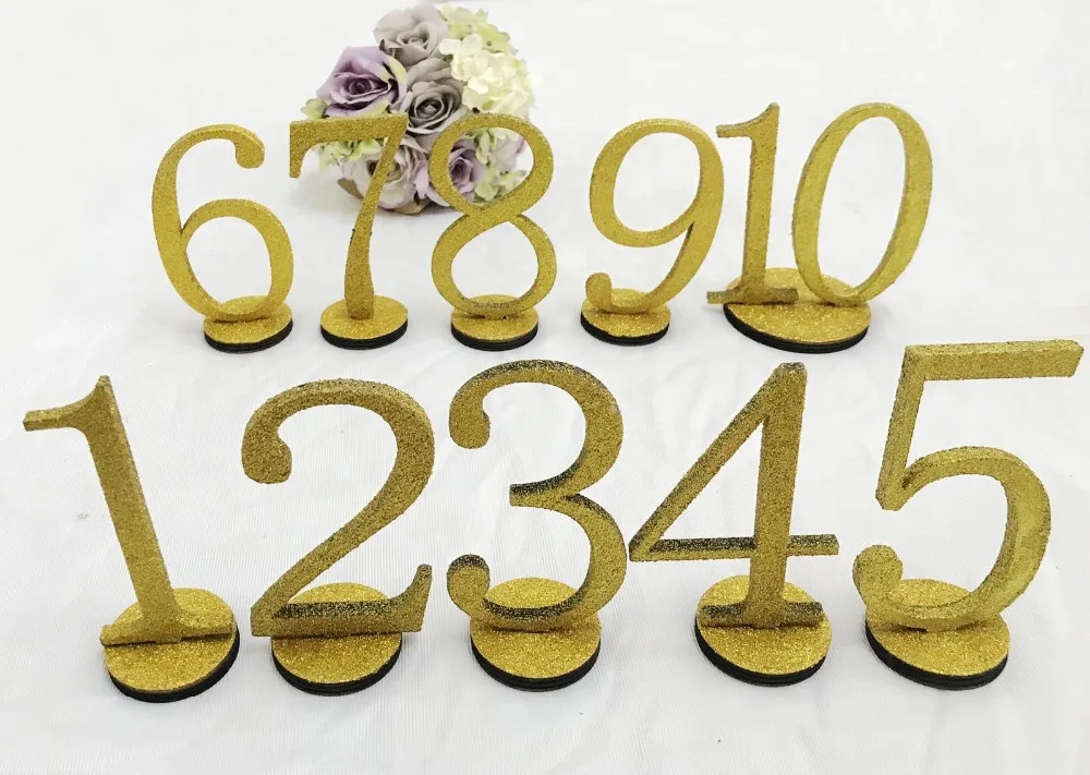 

1-10 Glitter Gold Wooden Table Numbers With Holder Base Wedding Birthday Party Table Decoration