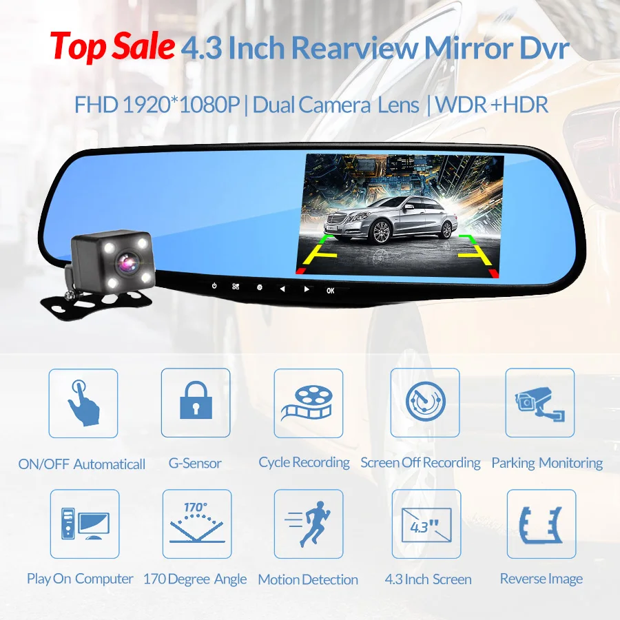 VMI Night Vision Car Dvr Camera Rearview Mirror Digital Video Recorder Auto Camcorder Dash Cam FHD 1080P dual lens DVR | Автомобили и