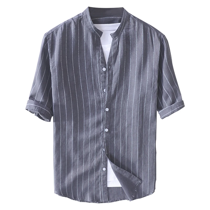 

100% Linen Italy style shirt men brand casual stripes fashion shirts male summer stand collar shirt mens breathable overhemd