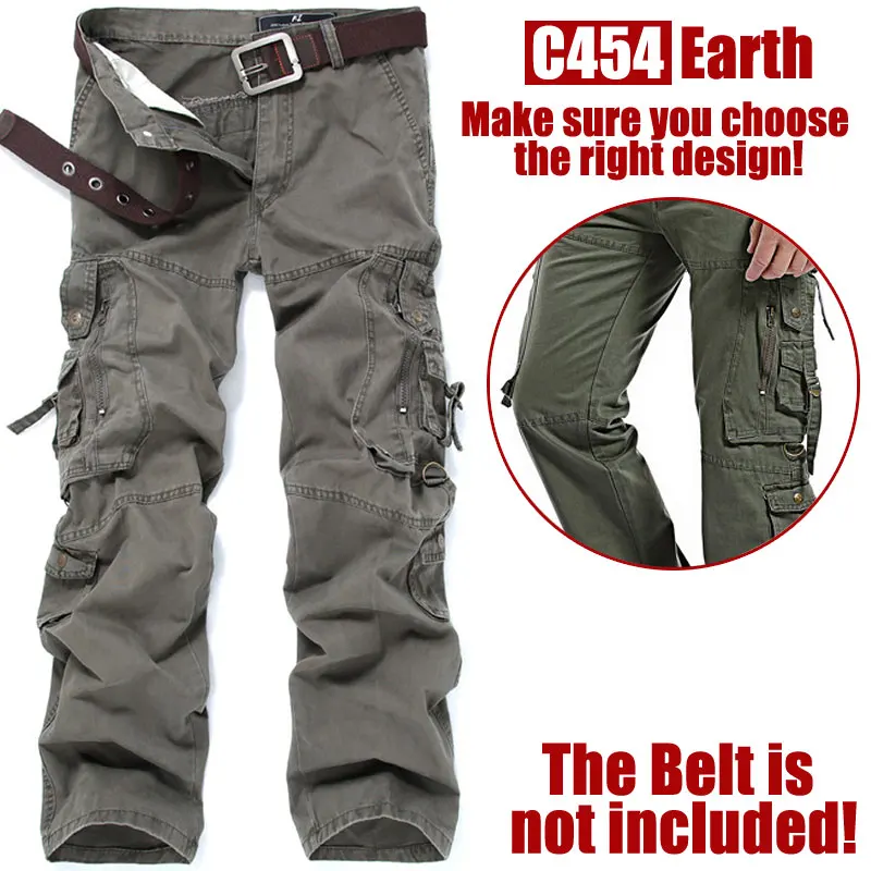 C454 Earth Green Новые мужские потертые хлопковые повседневные брюки, свободные мужские штаны карго с несколькими карманами, мужские слаксы, большие размеры, W28-42, C454 - Цвет: C454 Earth Green