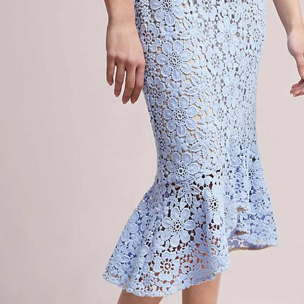 

Summer Woman Lace Mermaid Dress Short Sleeve Ladies Elegant Mid Dress O-neck Female Party Dress OL Bodycon Blue Laces Dresses