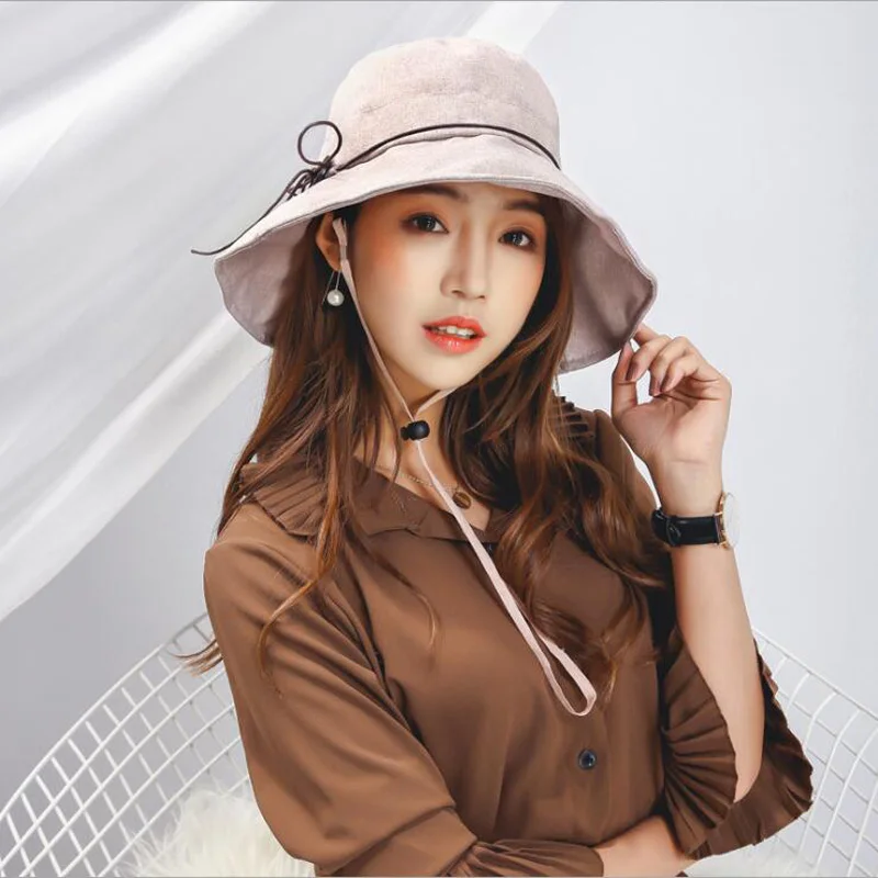 

2019 New Cotton Beach Bow Hats For Women Hat Elegant Female Bucket Hat Woman Foldable Anti-UV Panama Summer Sun Cap