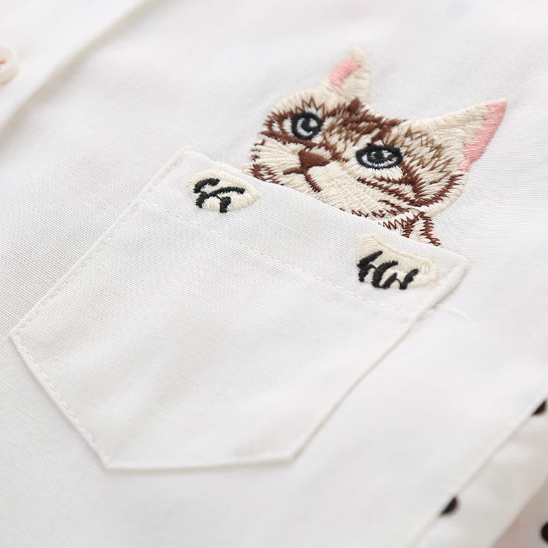 2016 женские джинсовые рубашки в горошек модные с вышитым котом и карманами