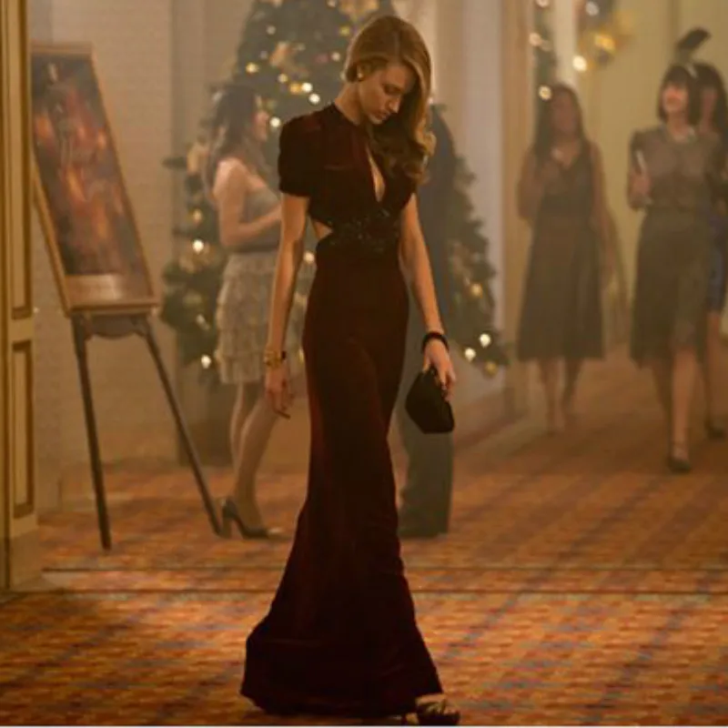 Женское платье с коротким рукавом в стиле звезд|burgundy velvet|celebrity dresses 20162016 evening gown |