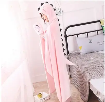 Cute dinosaur shawl plush hooded blanekt coral fleece cape blanket throw kids TV leisure indoor | Дом и сад