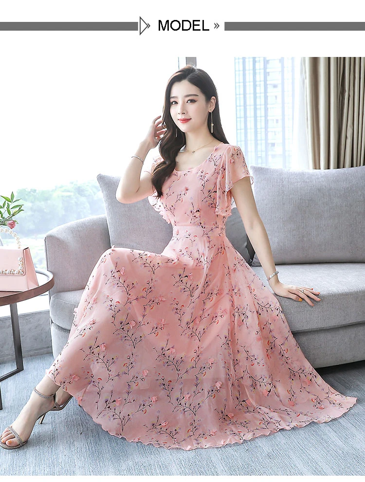 Платье женское новое летнее темпераментное корейское длинное шифоновое платье с цветочным принтом милое богемное пляжное платье с рукавом бабочки