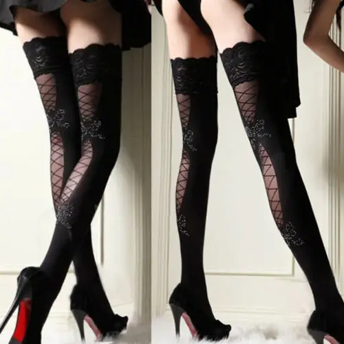 

Womne Sexy Black Long Stockings HOT Sexy Womens Black Lace Thigh High Knee Hollow Out Long Stockings